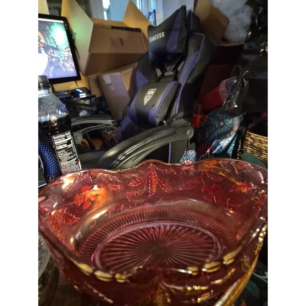 Antique EAPG Berry Bowl In Delaware Cranberry Stipped Crystal With Embossed...